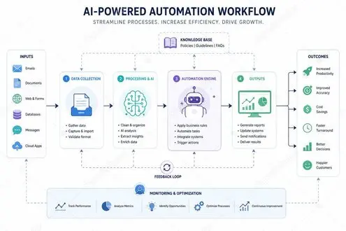 Automated workflow diagram on a laptop screen in an office